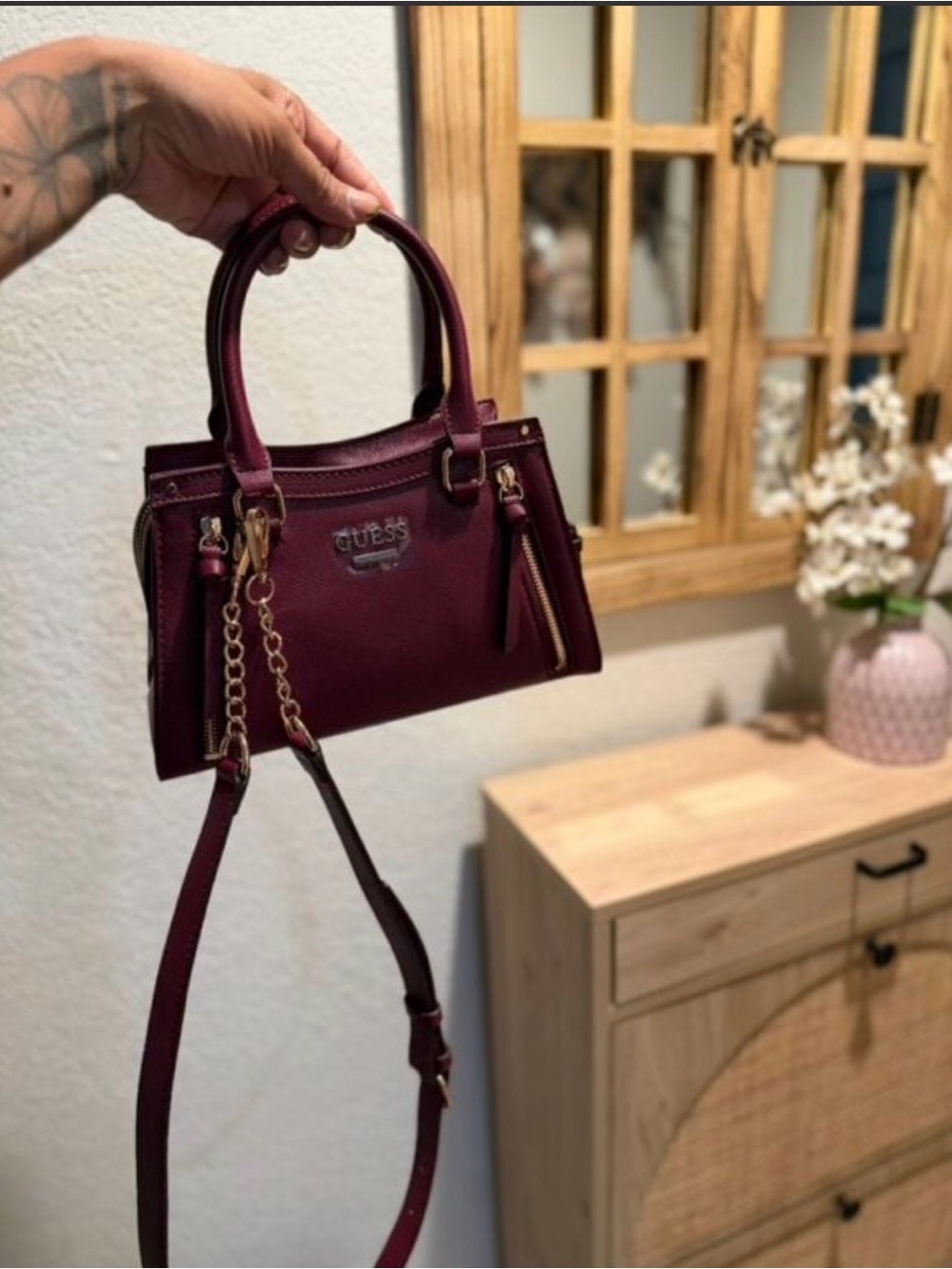 GUESS Small Convertible Satchel in Burgundy with Gold Hardware